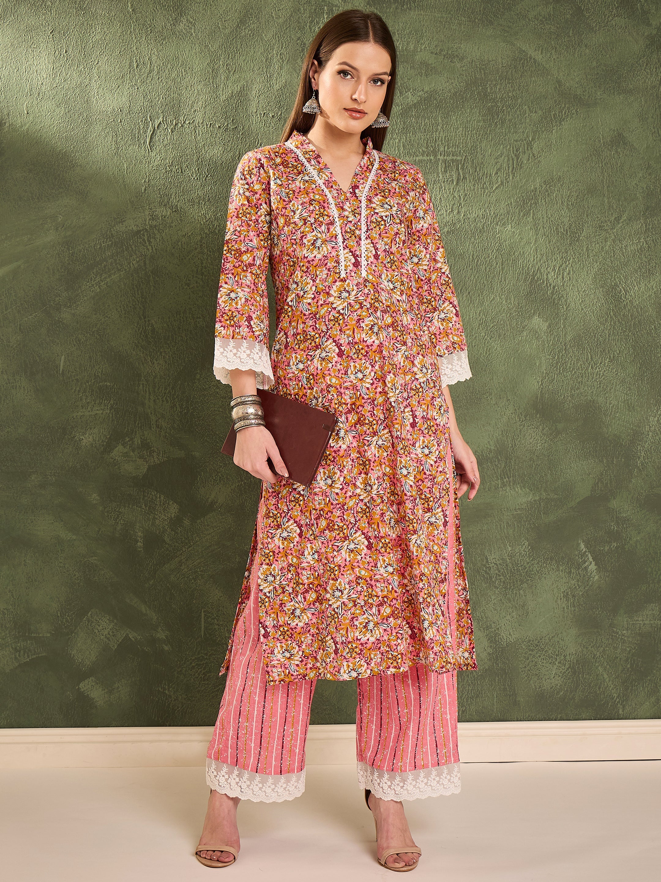 Women Pink Floral V Neck Lace Kurta With Pants-SHSET96447