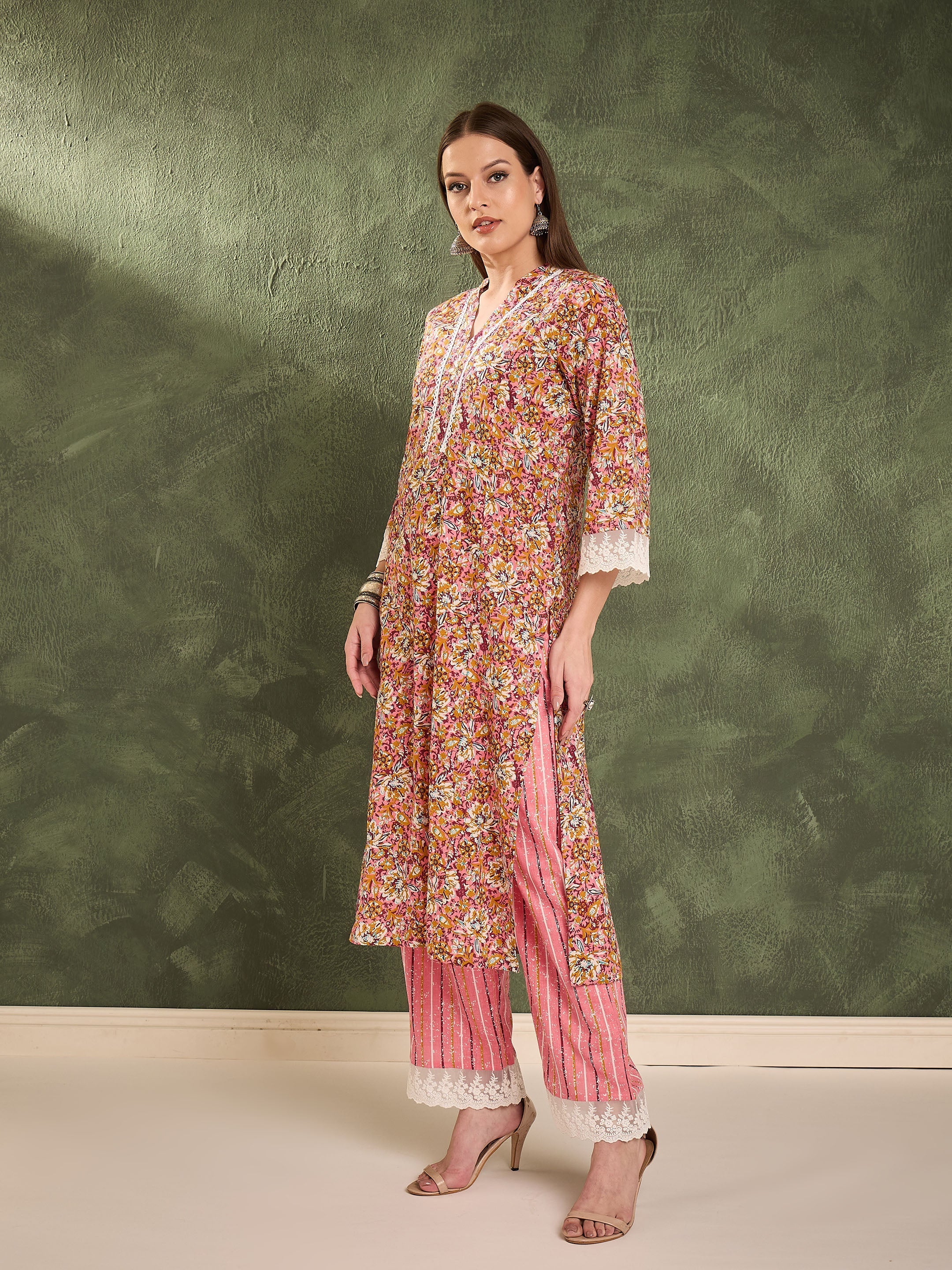 Women Pink Floral V Neck Lace Kurta With Pants-SHSET96447