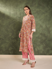 Women Pink Floral V Neck Lace Kurta With Pants-SHSET96447