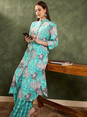 Women Aqua Blue Floral Wood Button Kurta With Pants-SHSET96451