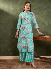 Women Aqua Blue Floral Wood Button Kurta With Pants-SHSET96451