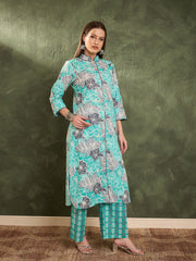 Women Aqua Blue Floral Wood Button Kurta With Pants-SHSET96451