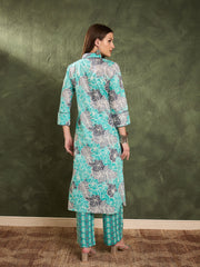 Women Aqua Blue Floral Wood Button Kurta With Pants-SHSET96451