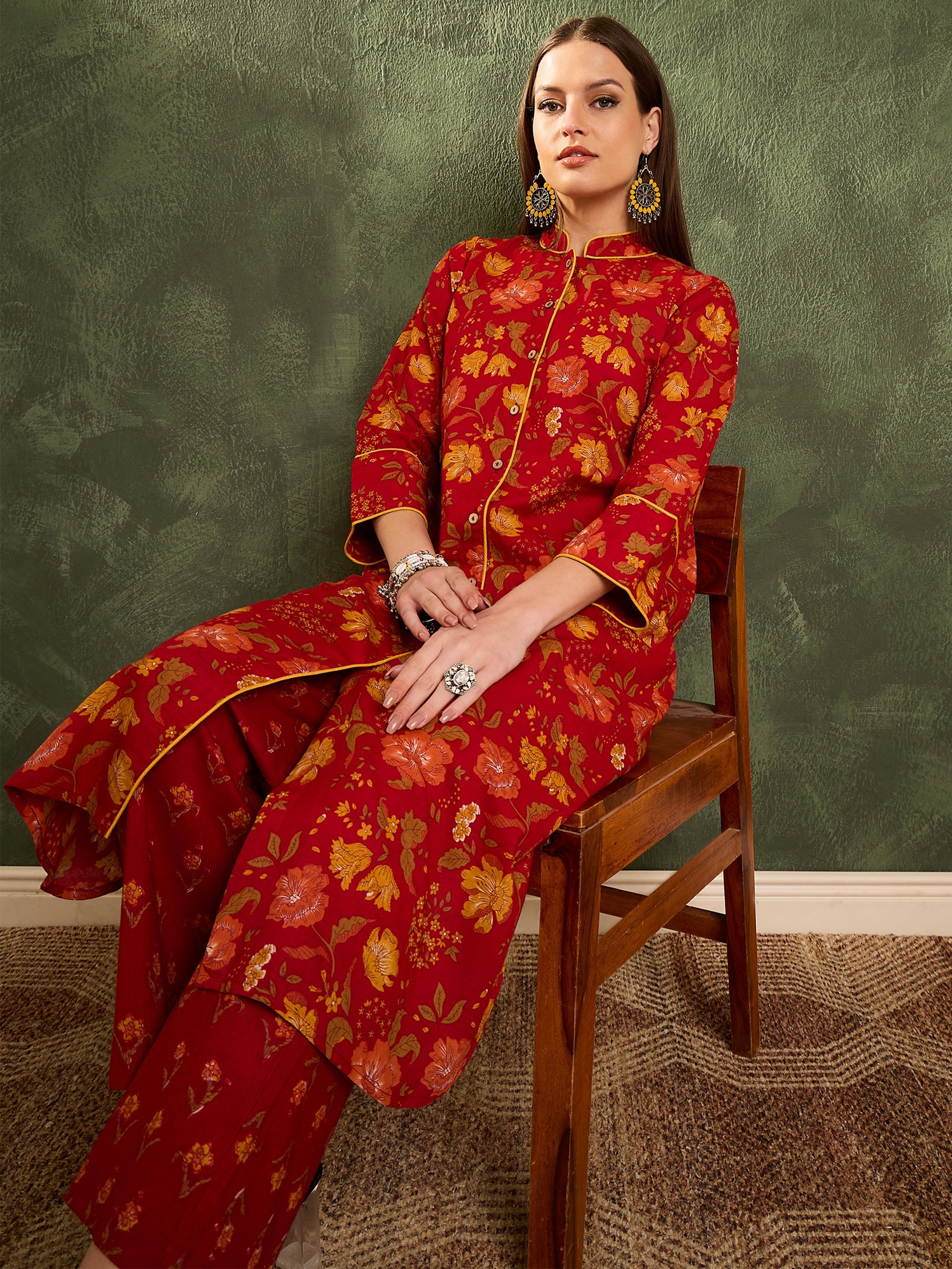 Women Maroon Floral Wood Button Kurta With Pants-SHSET96452