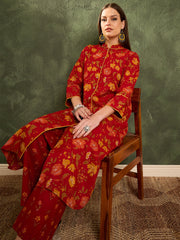 Women Maroon Floral Wood Button Kurta With Pants-SHSET96452
