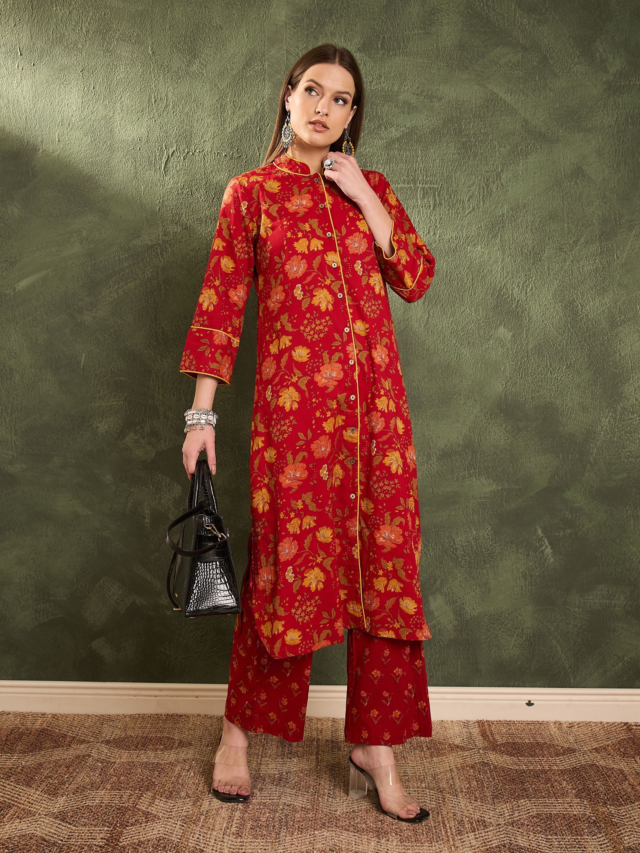 Women Maroon Floral Wood Button Kurta With Pants-SHSET96452