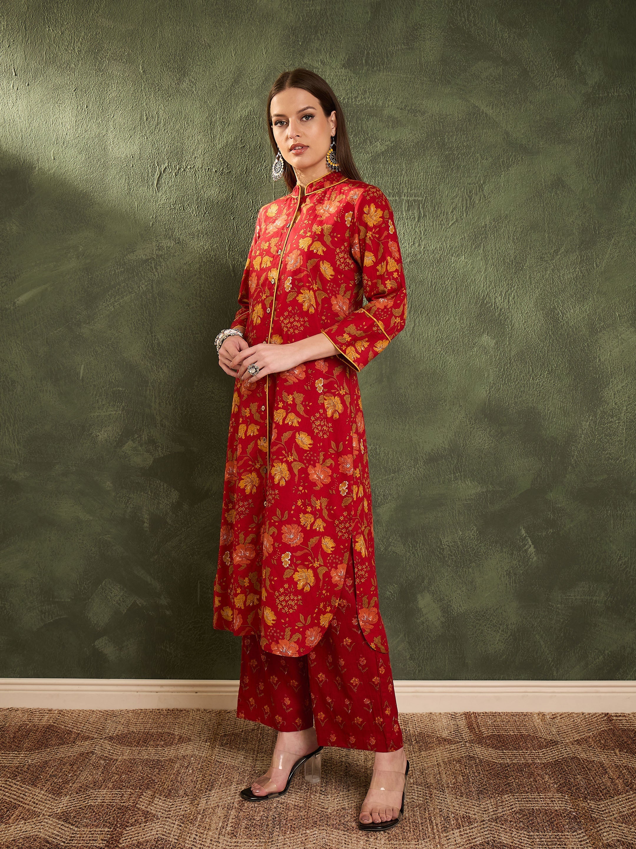 Women Maroon Floral Wood Button Kurta With Pants-SHSET96452