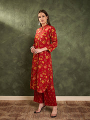 Women Maroon Floral Wood Button Kurta With Pants-SHSET96452