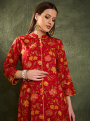 Women Maroon Floral Wood Button Kurta With Pants-SHSET96452