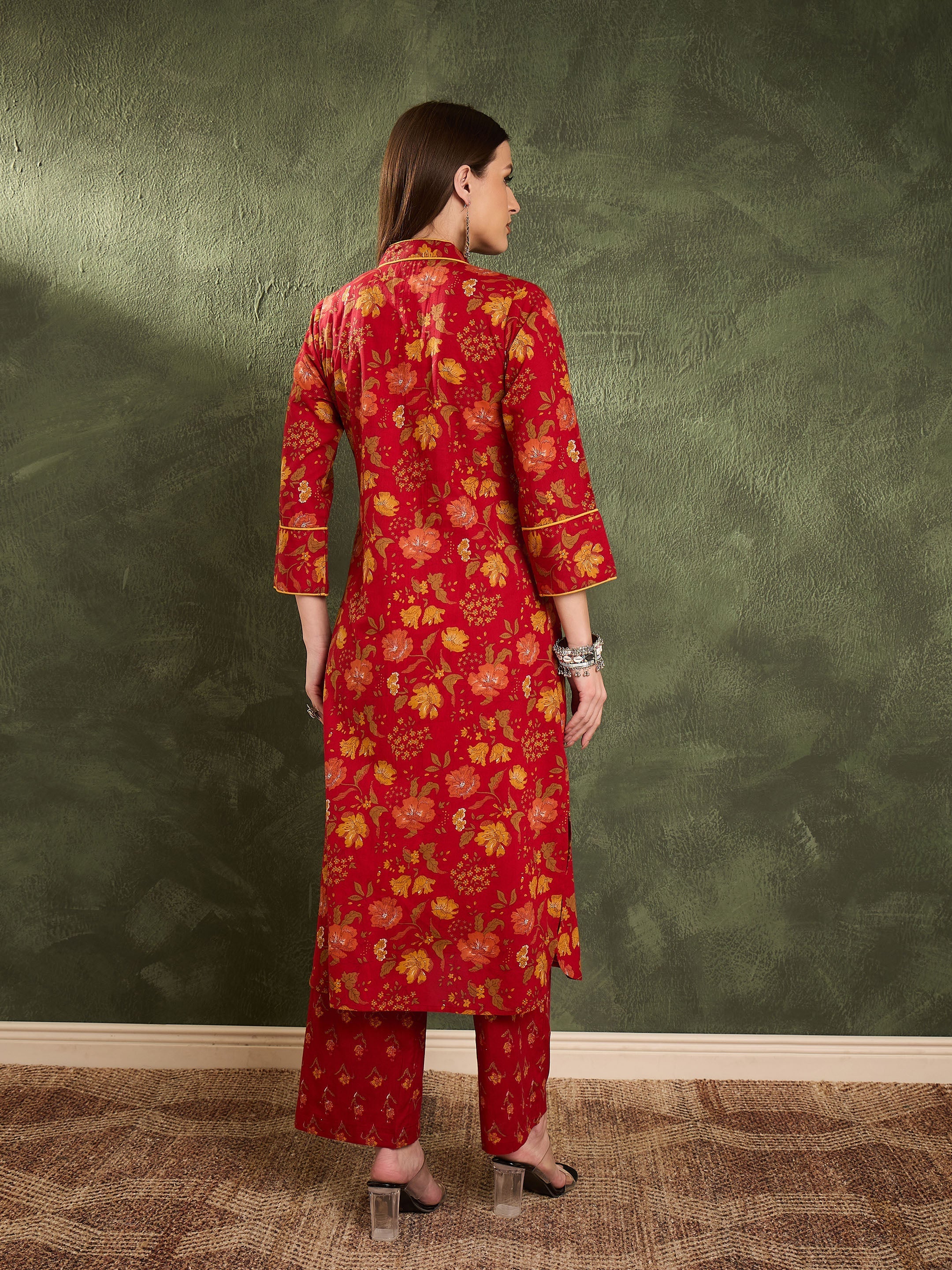 Women Maroon Floral Wood Button Kurta With Pants-SHSET96452