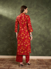 Women Maroon Floral Wood Button Kurta With Pants-SHSET96452