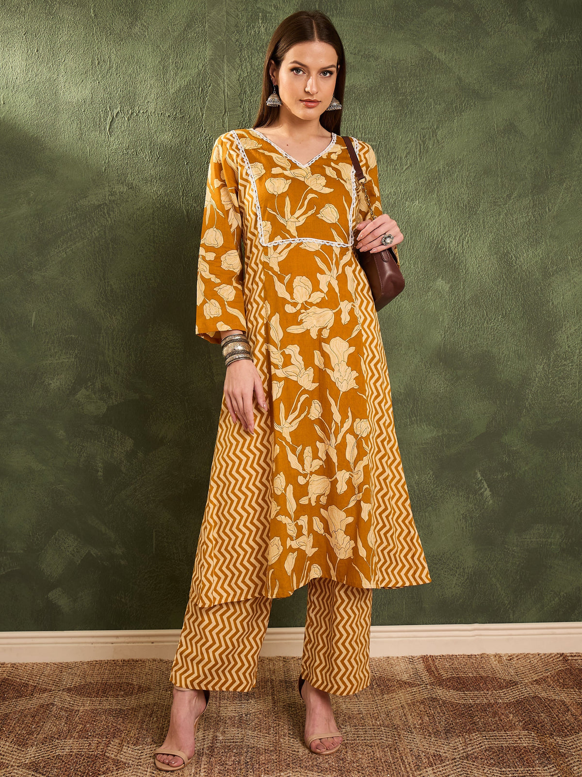 Women Mustard Floral Front Yoke Kurta With Pants-SHSET96453
