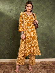 Women Mustard Floral Front Yoke Kurta With Pants-SHSET96453