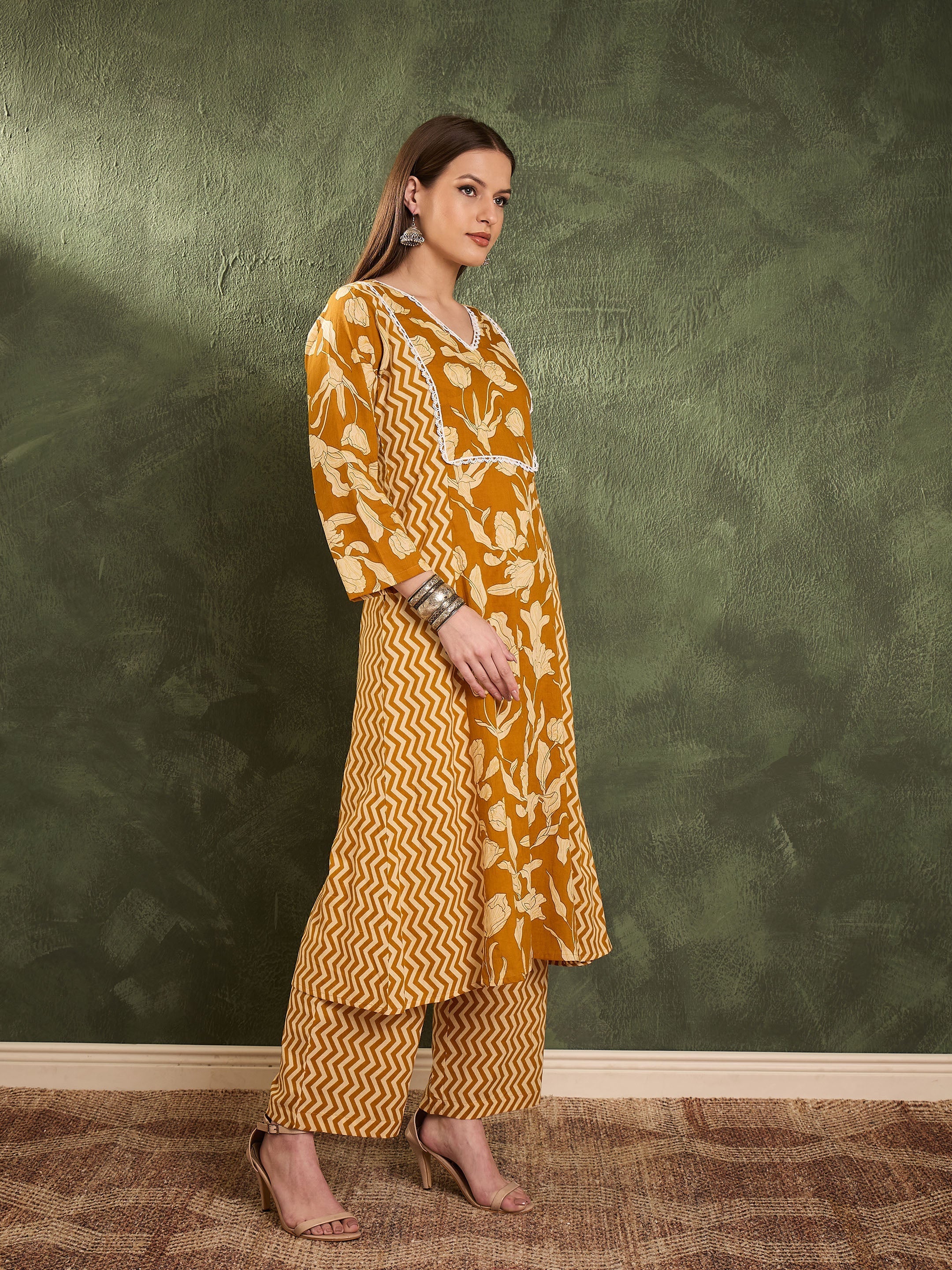 Women Mustard Floral Front Yoke Kurta With Pants-SHSET96453