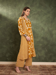 Women Mustard Floral Front Yoke Kurta With Pants-SHSET96453