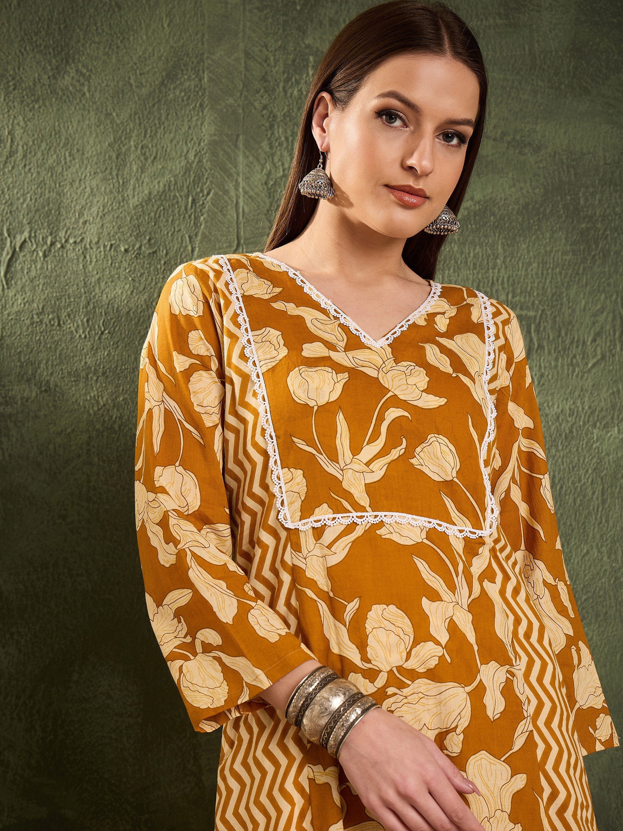 Women Mustard Floral Front Yoke Kurta With Pants-SHSET96453