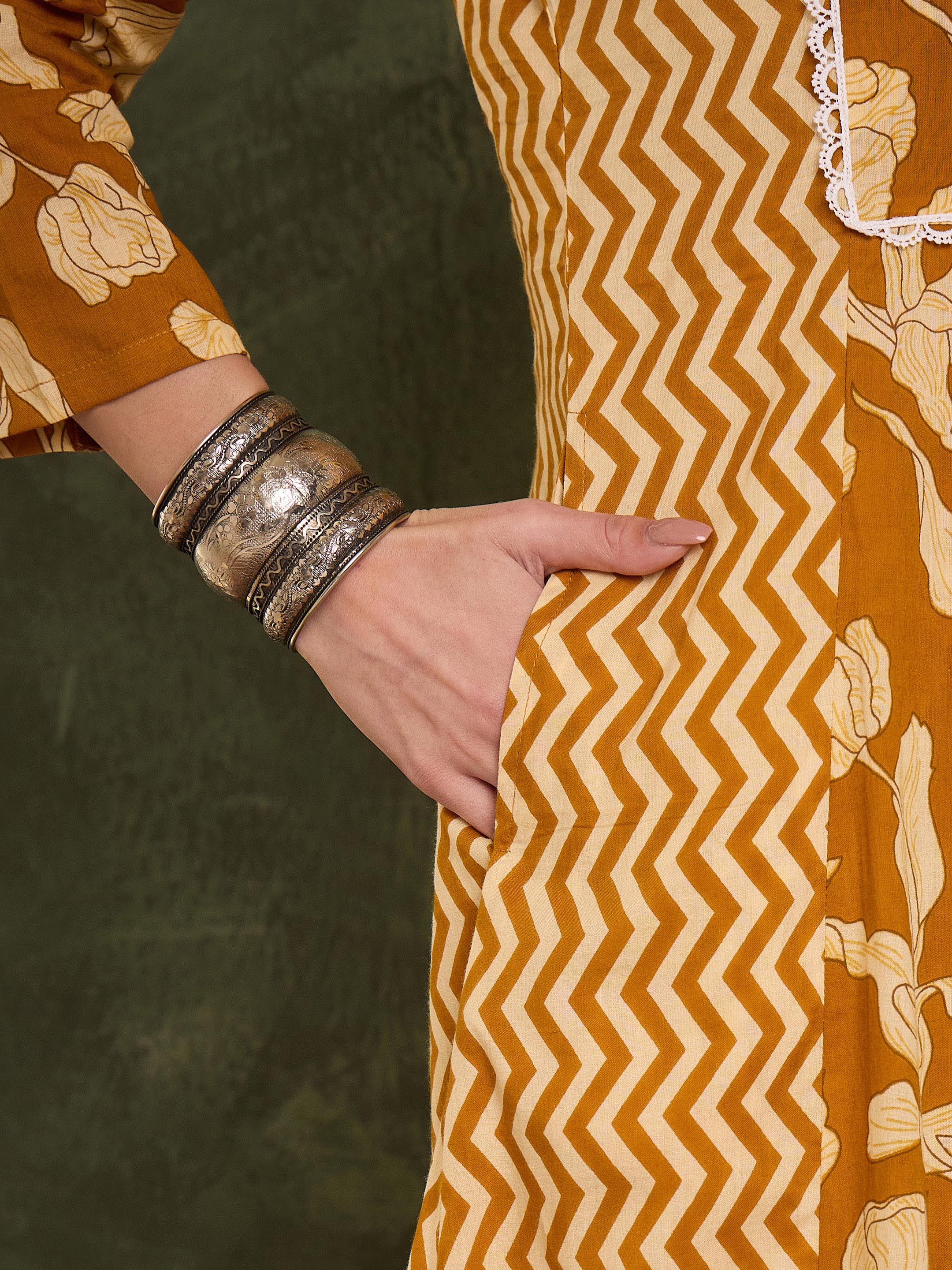 Women Mustard Floral Front Yoke Kurta With Pants-SHSET96453