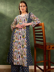 Women Blue Floral Front Yoke Kurta With Pants-SHSET96454