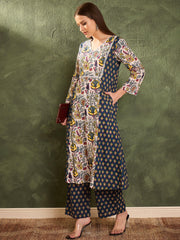 Women Blue Floral Front Yoke Kurta With Pants-SHSET96454