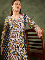 Women Blue Floral Front Yoke Kurta With Pants-SHSET96454