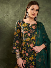 Women Dark Green Floral Front Yoke Kurta Set with Dupatta-SHSET96455