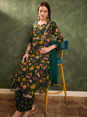 Women Dark Green Floral Front Yoke Kurta Set with Dupatta-SHSET96455