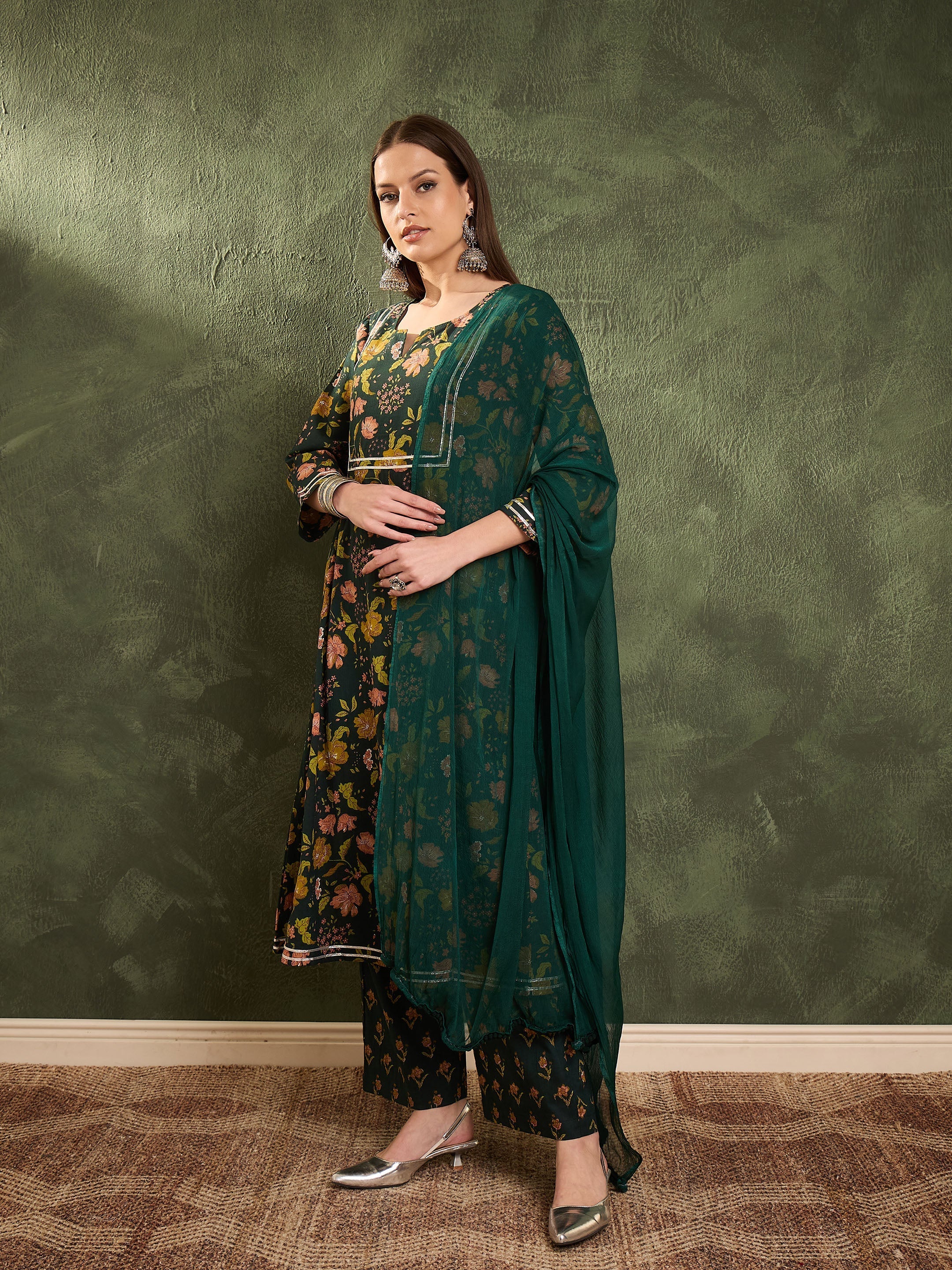 Women Dark Green Floral Front Yoke Kurta Set with Dupatta-SHSET96455