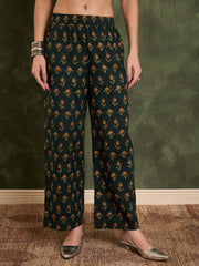 Women Dark Green Floral Front Yoke Kurta Set with Dupatta-SHSET96455