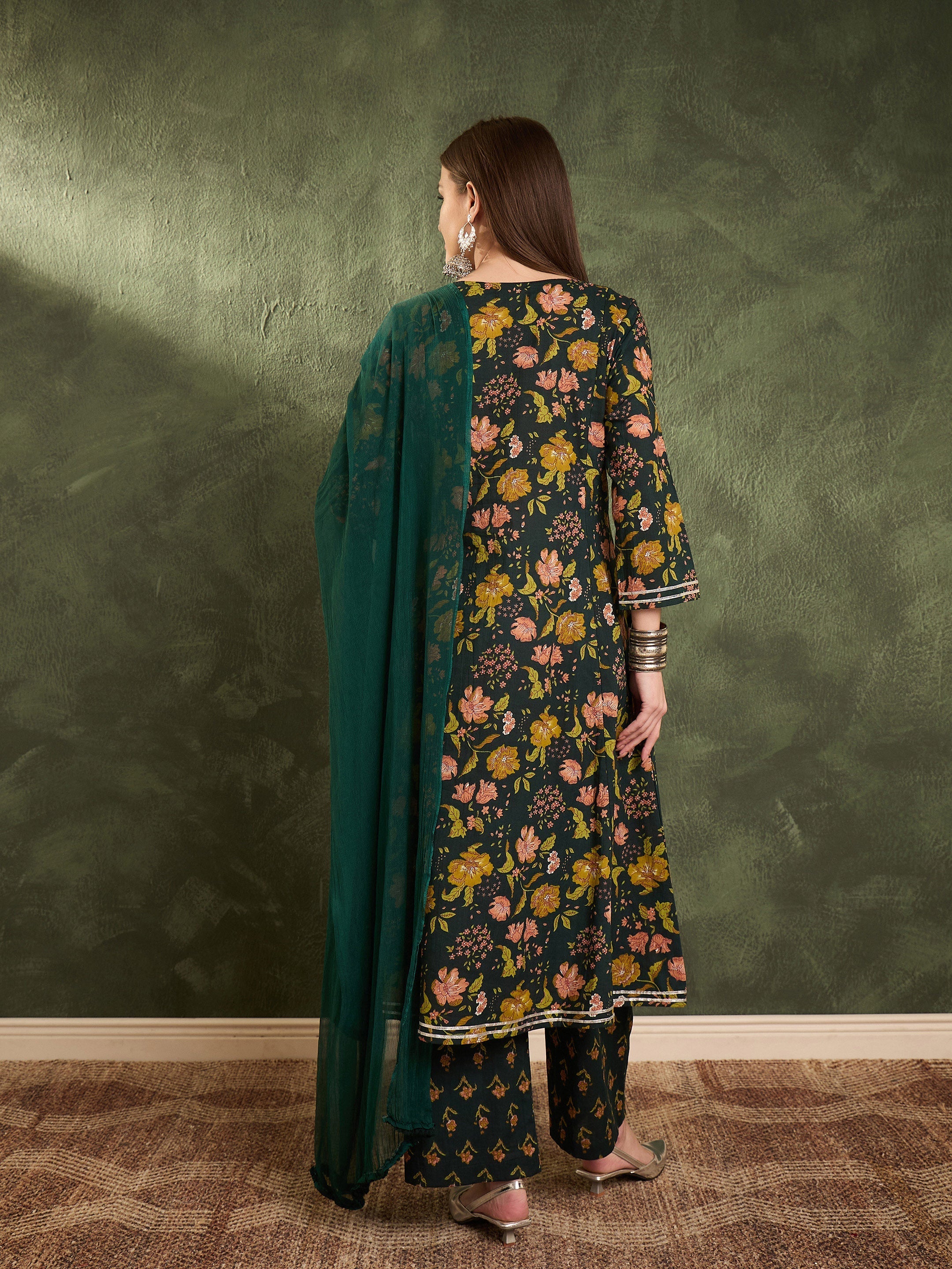 Women Dark Green Floral Front Yoke Kurta Set with Dupatta-SHSET96455