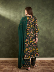 Women Dark Green Floral Front Yoke Kurta Set with Dupatta-SHSET96455