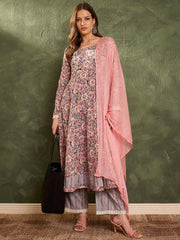 Women Pink & Grey Floral Anarkali Kurta Set with Dupatta-SHSET96459