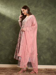 Women Pink & Grey Floral Anarkali Kurta Set with Dupatta-SHSET96459