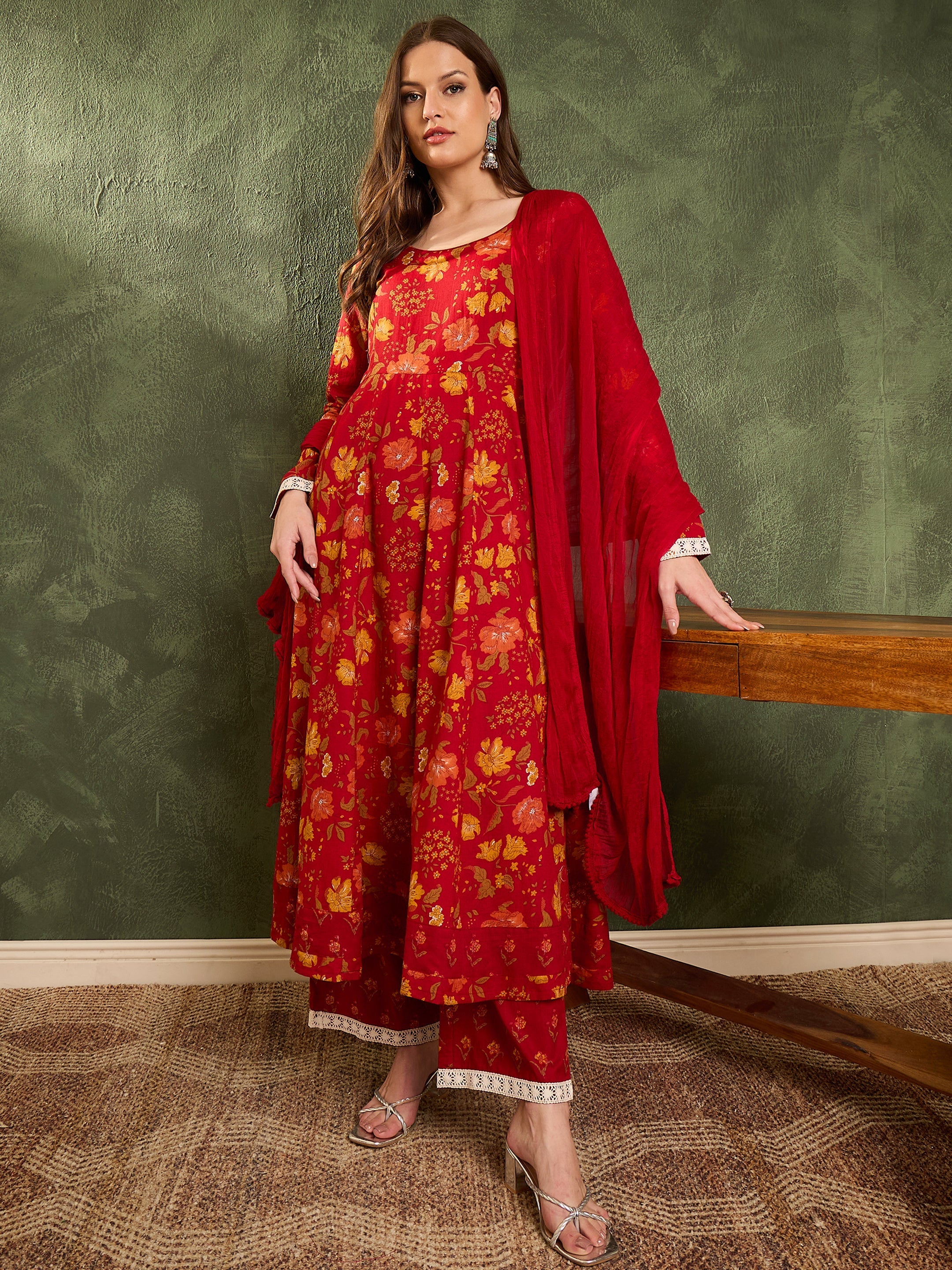 Women Maroon & Yellow Floral Anarkali Kurta Set with Dupatta-SHSET96460