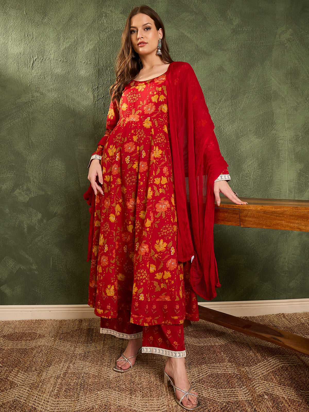 Women Maroon & Yellow Floral Anarkali Kurta Set with Dupatta-SHSET96460