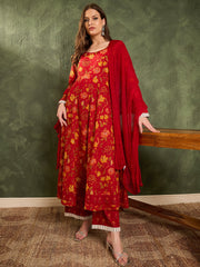 Women Maroon & Yellow Floral Anarkali Kurta Set with Dupatta-SHSET96460