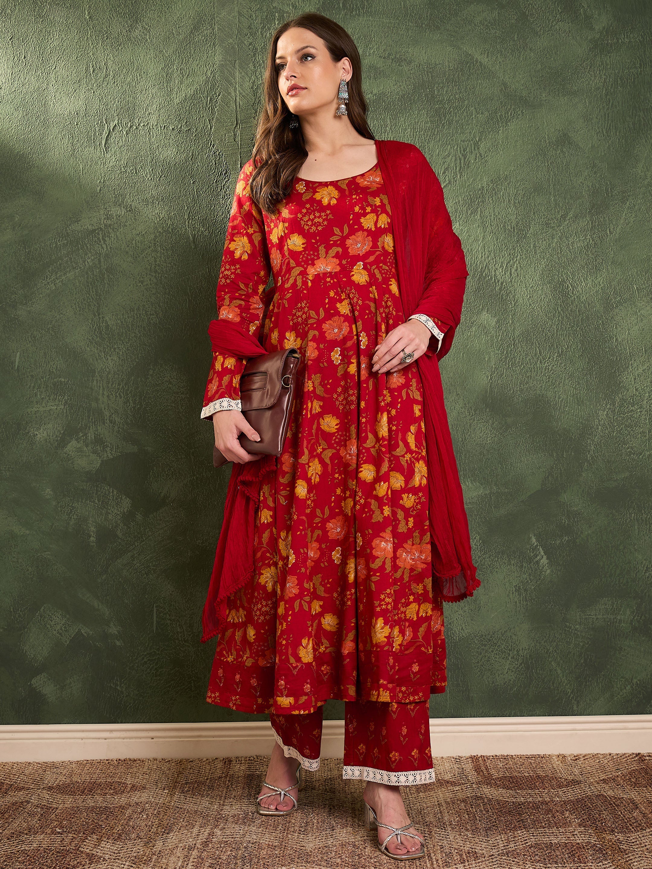 Women Maroon & Yellow Floral Anarkali Kurta Set with Dupatta-SHSET96460