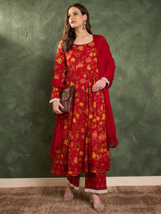 Women Maroon & Yellow Floral Anarkali Kurta Set with Dupatta-SHSET96460