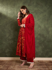 Women Maroon & Yellow Floral Anarkali Kurta Set with Dupatta-SHSET96460