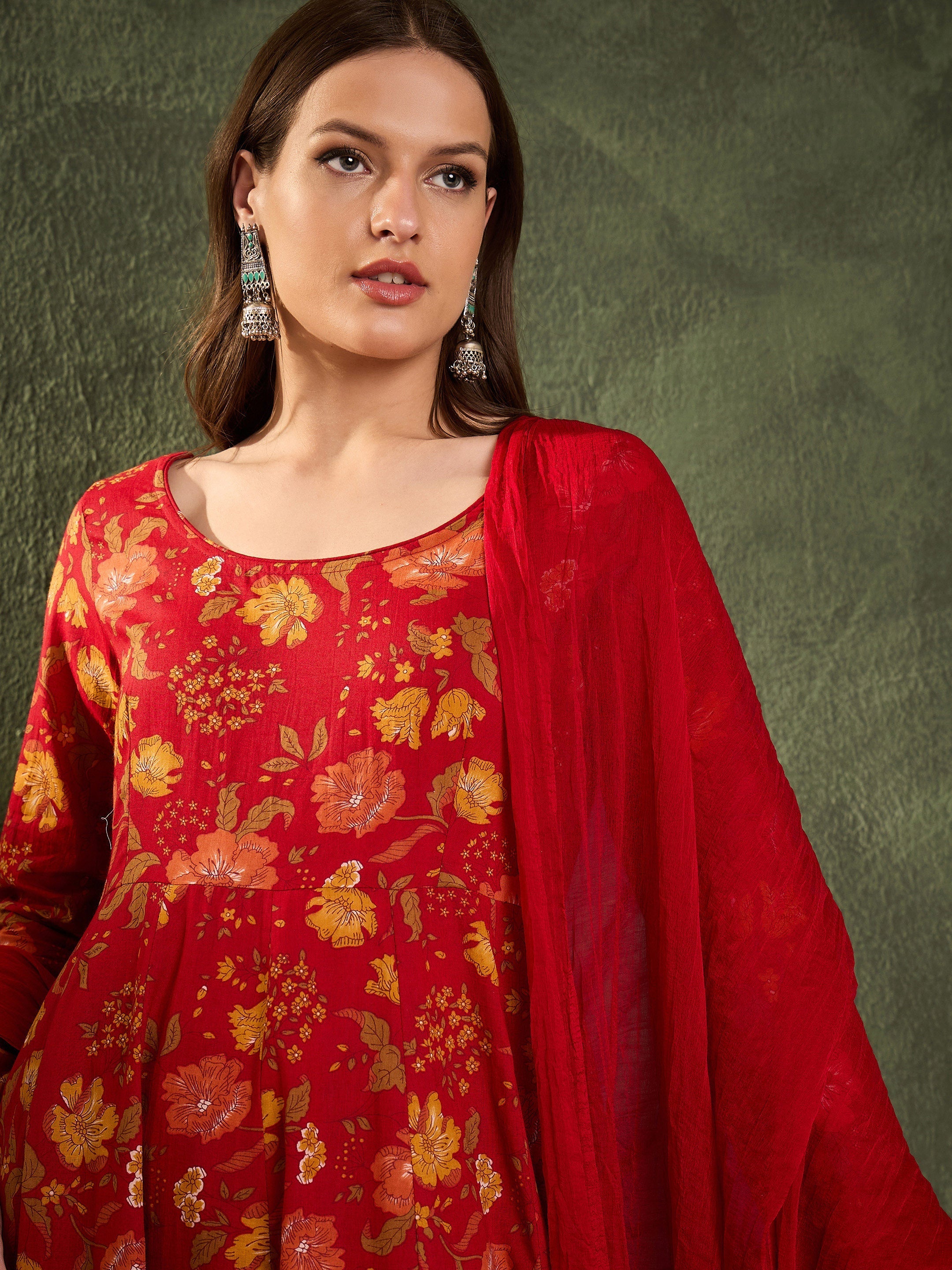 Women Maroon & Yellow Floral Anarkali Kurta Set with Dupatta-SHSET96460