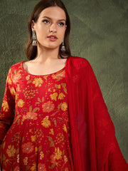 Women Maroon & Yellow Floral Anarkali Kurta Set with Dupatta-SHSET96460