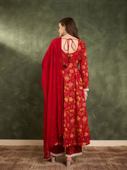 Women Maroon & Yellow Floral Anarkali Kurta Set with Dupatta-SHSET96460