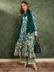 Women Sea Green & Beige Floral Anarkali kurta Set with Dupatta-SHSET96461