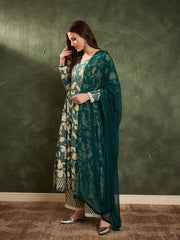 Women Sea Green & Beige Floral Anarkali kurta Set with Dupatta-SHSET96461