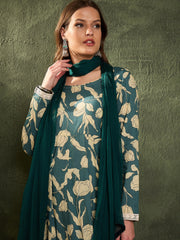 Women Sea Green & Beige Floral Anarkali kurta Set with Dupatta-SHSET96461