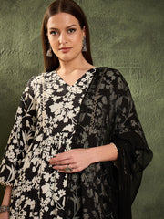 Women Black & White Floral Gathered Kurta Set with Dupatta-SHSET96463