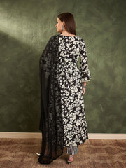 Women Black & White Floral Gathered Kurta Set with Dupatta-SHSET96463