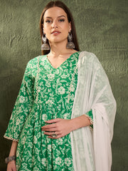Women Green & White Floral Gathered Kurta Set with Dupatta-SHSET96464