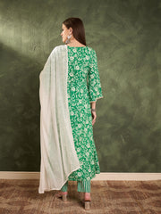 Women Green & White Floral Gathered Kurta Set with Dupatta-SHSET96464