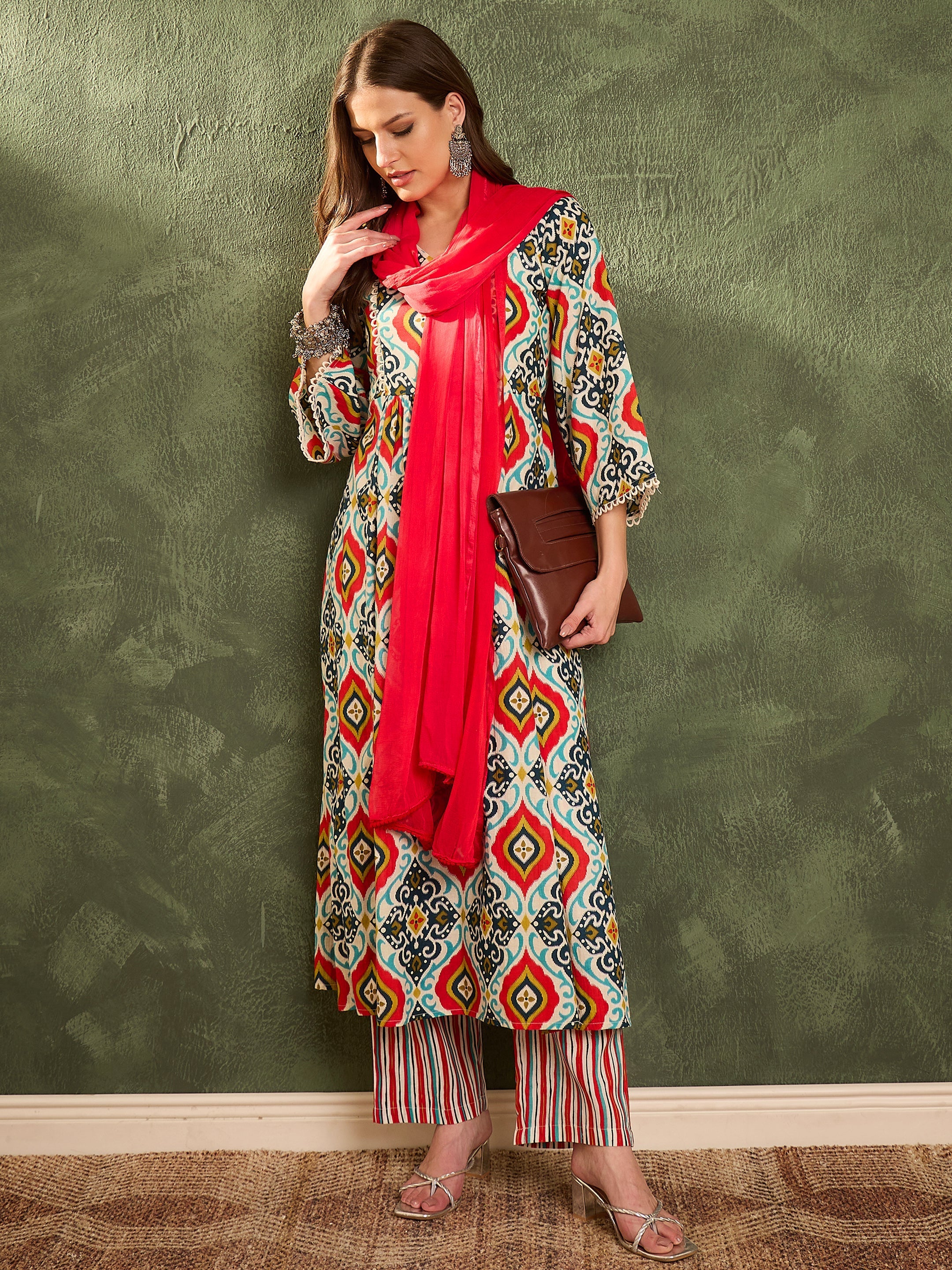 Women Blue & Red Ikat Print Gathered Kurta Set with Dupatta-SHSET96465