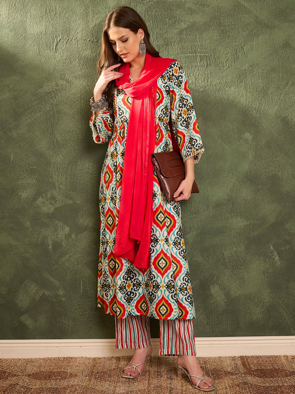 Women Blue & Red Ikat Print Gathered Kurta Set with Dupatta-SHSET96465